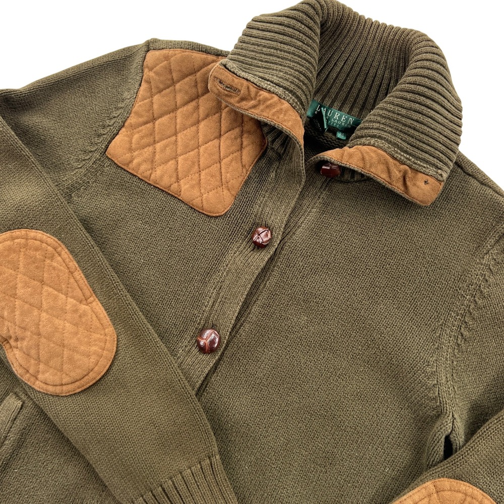 VTG Y2K Lauren Ralph Lauren Cardigan Women PS Olive Suede Patch Equestrian Prep